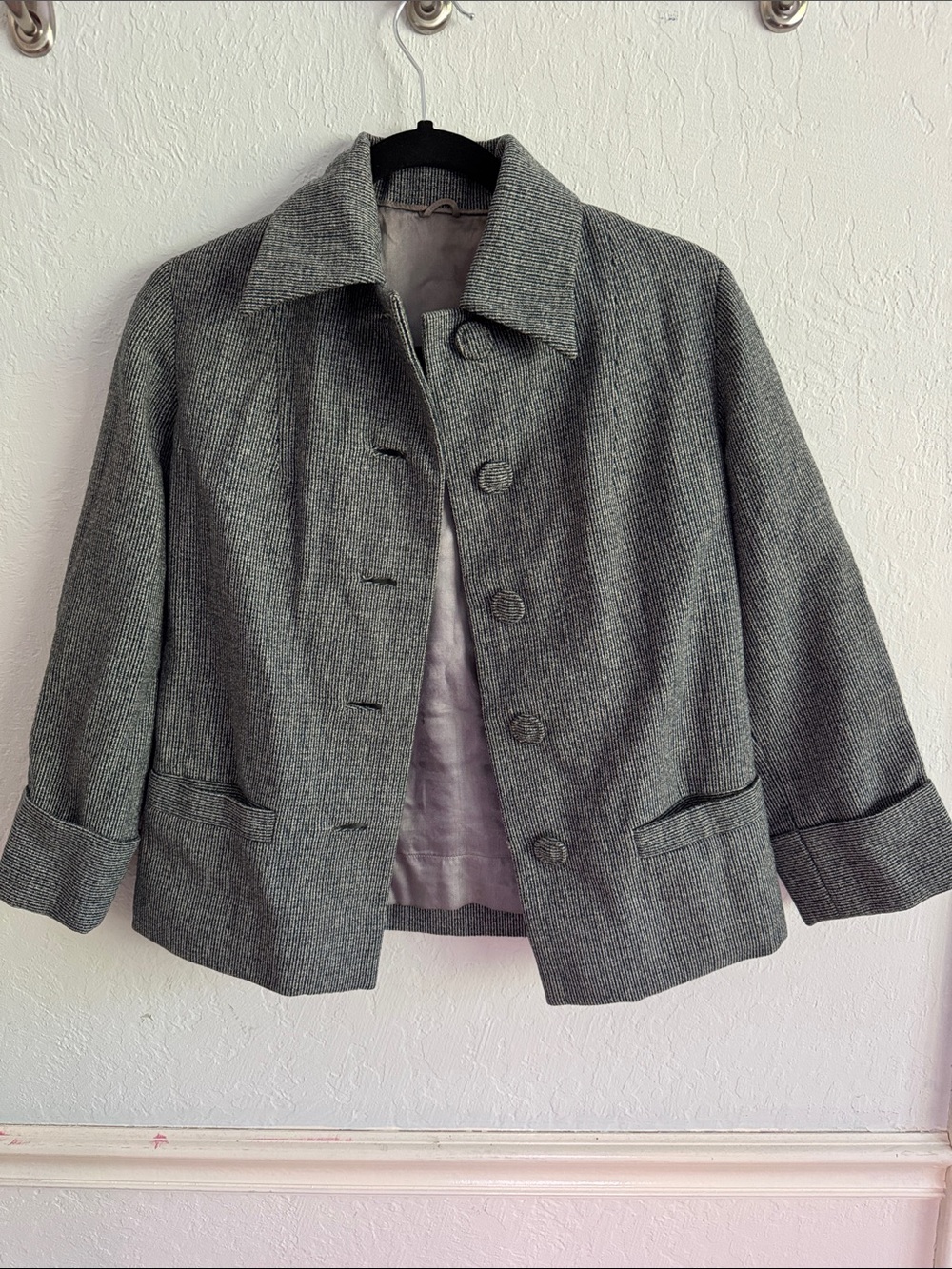 Vintage Handmade Grey Tweed Wool Jacket Boxy Cropped Minimalist Old Money S